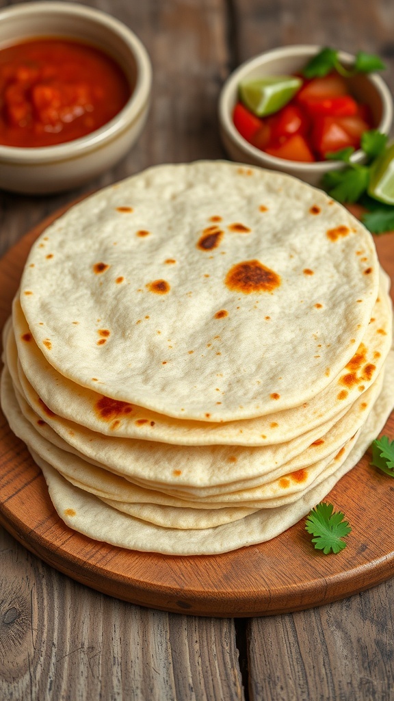 A stack of warm homemade tortillas on a wooden table with salsa and fresh ingredients.
